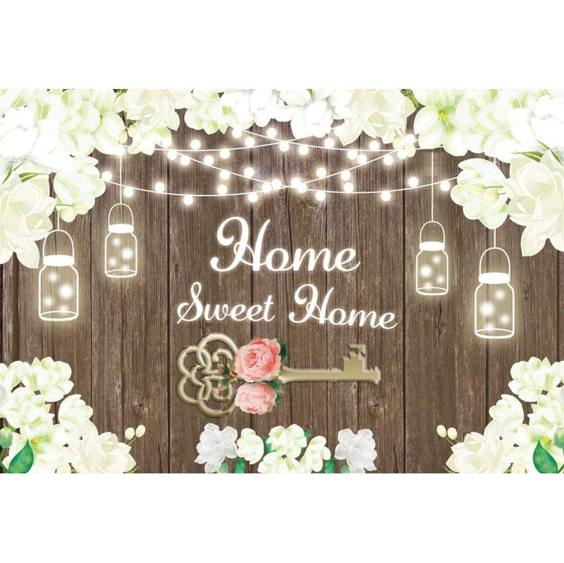 Leyiyi 5x3ft Sweet Home Backdrop Rustic Housewarming White Flower Sweet Home Key Shining Lights Wooden Floor Background for New House Party Decorations Vinyl Photo Booth Props - Image 1